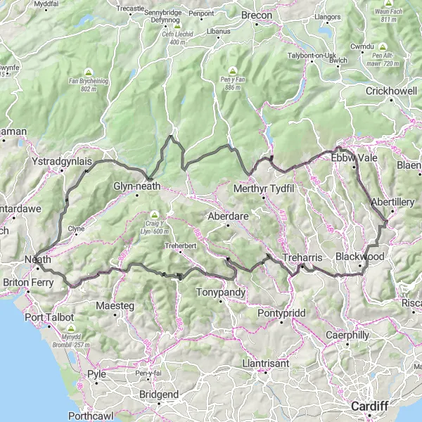 Map miniature of "The Ultimate Valleys Challenge" cycling inspiration in West Wales and The Valleys, United Kingdom. Generated by Tarmacs.app cycling route planner