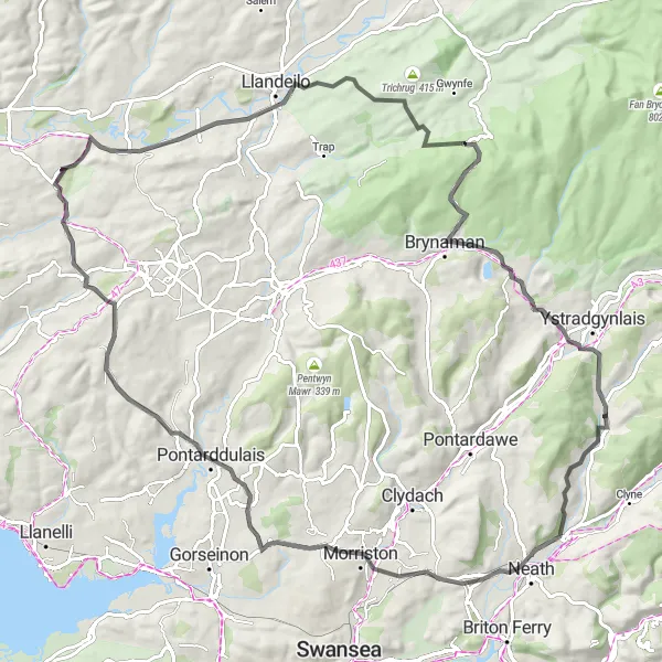 Map miniature of "The Abbey and Hills Excursion" cycling inspiration in West Wales and The Valleys, United Kingdom. Generated by Tarmacs.app cycling route planner