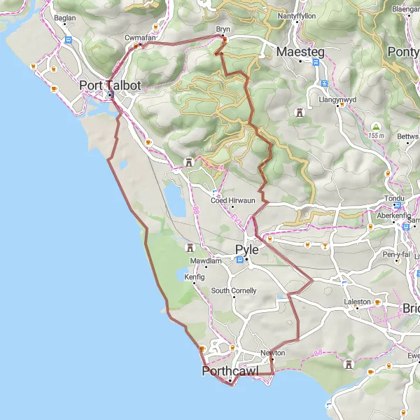 Map miniature of "Exploring the Valleys: Gravel Edition" cycling inspiration in West Wales and The Valleys, United Kingdom. Generated by Tarmacs.app cycling route planner