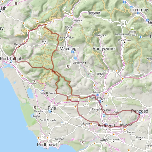Map miniature of "Gravel Adventure Through Valleys" cycling inspiration in West Wales and The Valleys, United Kingdom. Generated by Tarmacs.app cycling route planner
