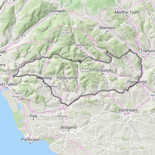 Map miniature of "Cwmafan to Moel Troedyrhiw Route" cycling inspiration in West Wales and The Valleys, United Kingdom. Generated by Tarmacs.app cycling route planner