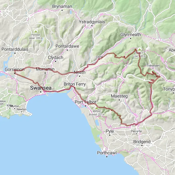 Map miniature of "Round-Trip Gravel Ride from Gorseinon" cycling inspiration in West Wales and The Valleys, United Kingdom. Generated by Tarmacs.app cycling route planner