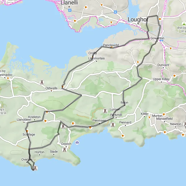 Map miniature of "Scenic Road Loop from Gorseinon" cycling inspiration in West Wales and The Valleys, United Kingdom. Generated by Tarmacs.app cycling route planner