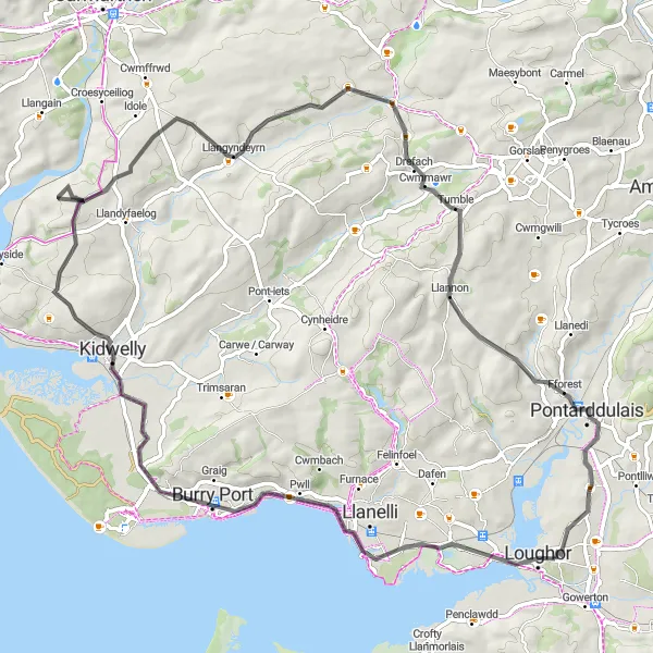 Map miniature of "Coastal Road Cycling Adventure from Gorseinon" cycling inspiration in West Wales and The Valleys, United Kingdom. Generated by Tarmacs.app cycling route planner