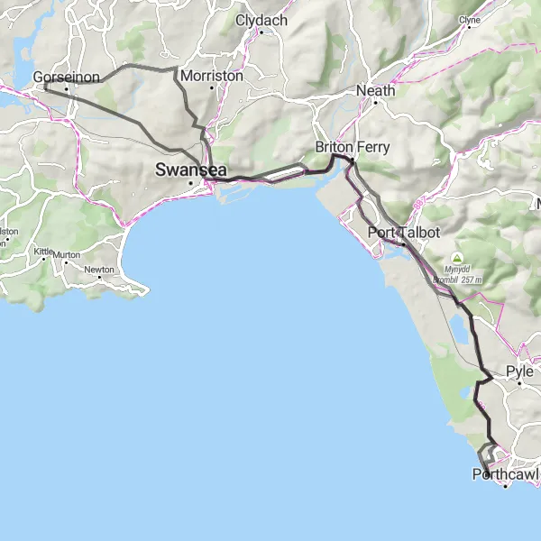Map miniature of "Mawdlam Loop" cycling inspiration in West Wales and The Valleys, United Kingdom. Generated by Tarmacs.app cycling route planner