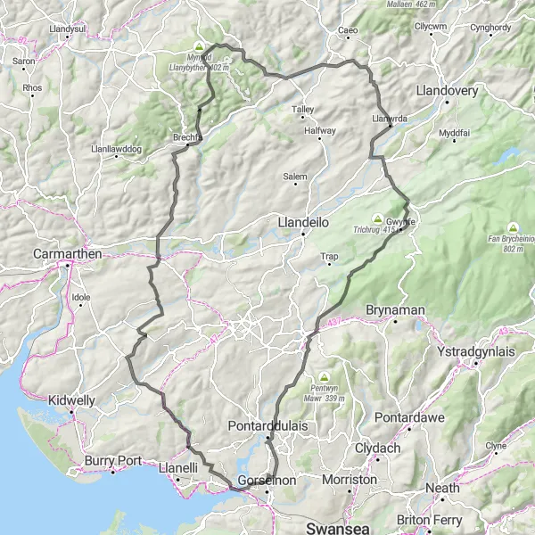 Map miniature of "Challenging Road Cycling Tour around West Wales" cycling inspiration in West Wales and The Valleys, United Kingdom. Generated by Tarmacs.app cycling route planner