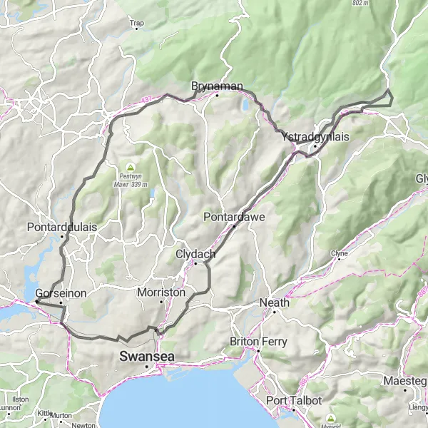 Map miniature of "Scenic Road Circuit with Challenging Climbs" cycling inspiration in West Wales and The Valleys, United Kingdom. Generated by Tarmacs.app cycling route planner