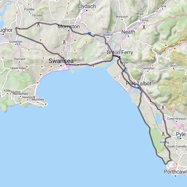 Map miniature of "Coastal Hill Challenge" cycling inspiration in West Wales and The Valleys, United Kingdom. Generated by Tarmacs.app cycling route planner