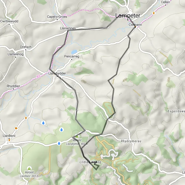 Map miniature of "The Lampeter Valley Loop" cycling inspiration in West Wales and The Valleys, United Kingdom. Generated by Tarmacs.app cycling route planner