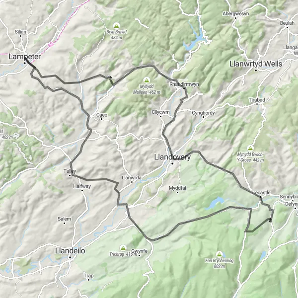 Map miniature of "Lampeter Loop" cycling inspiration in West Wales and The Valleys, United Kingdom. Generated by Tarmacs.app cycling route planner