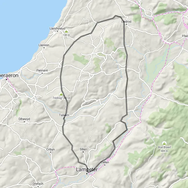 Map miniature of "Ceredigion Circuit" cycling inspiration in West Wales and The Valleys, United Kingdom. Generated by Tarmacs.app cycling route planner