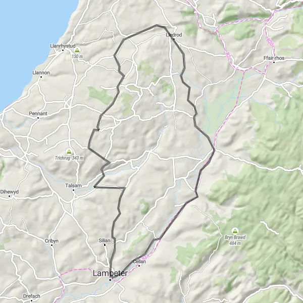 Map miniature of "Abermeurig Adventure" cycling inspiration in West Wales and The Valleys, United Kingdom. Generated by Tarmacs.app cycling route planner