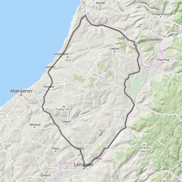 Map miniature of "Ciliau Aeron to Tregaron Loop" cycling inspiration in West Wales and The Valleys, United Kingdom. Generated by Tarmacs.app cycling route planner