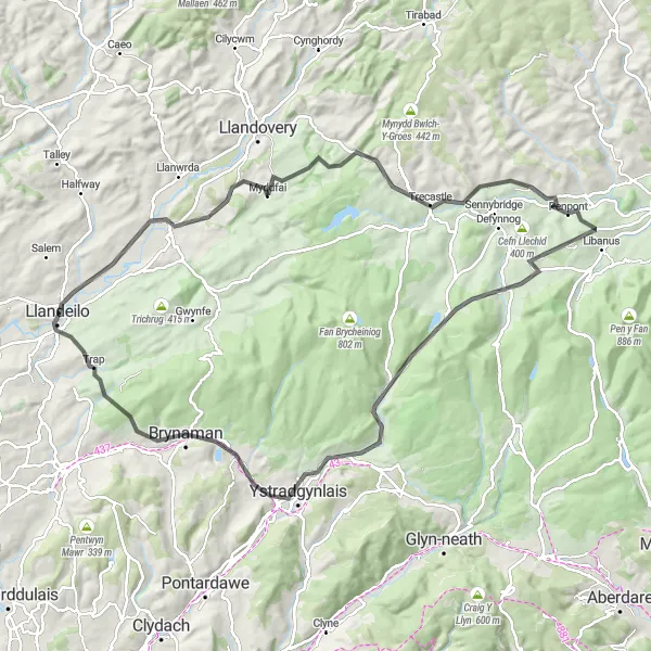 Map miniature of "Carmarthenshire Moors Loop" cycling inspiration in West Wales and The Valleys, United Kingdom. Generated by Tarmacs.app cycling route planner