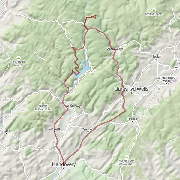Map miniature of "Cilycwm Gravel Adventure" cycling inspiration in West Wales and The Valleys, United Kingdom. Generated by Tarmacs.app cycling route planner