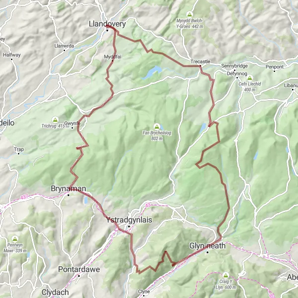 Map miniature of "Adrenaline-Pumping Gravel Expedition: Llandovery & Beyond" cycling inspiration in West Wales and The Valleys, United Kingdom. Generated by Tarmacs.app cycling route planner