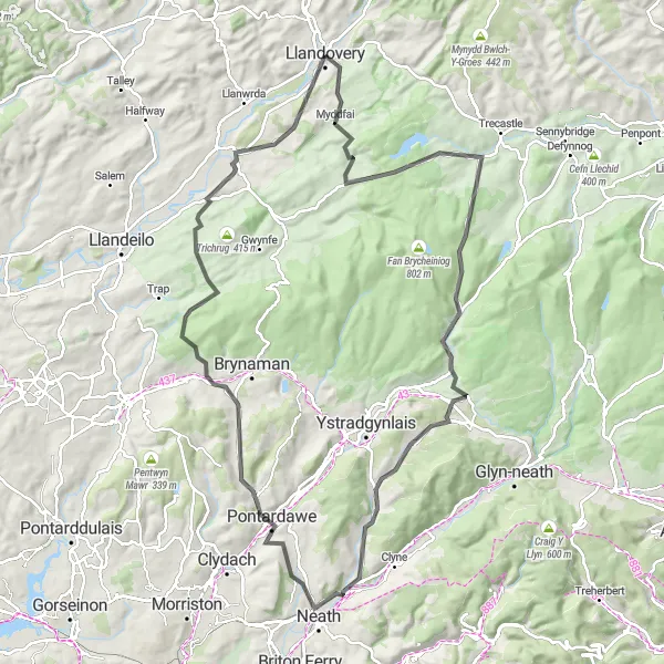 Map miniature of "Ultimate Road Cycling Adventure: Llandovery & Henrhyd Falls" cycling inspiration in West Wales and The Valleys, United Kingdom. Generated by Tarmacs.app cycling route planner