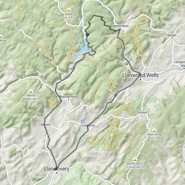 Map miniature of "Llandovery and Sugar Loaf Loop" cycling inspiration in West Wales and The Valleys, United Kingdom. Generated by Tarmacs.app cycling route planner