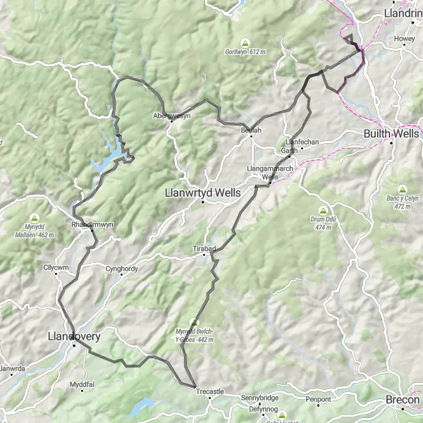 Map miniature of "Abergwesyn Loop" cycling inspiration in West Wales and The Valleys, United Kingdom. Generated by Tarmacs.app cycling route planner