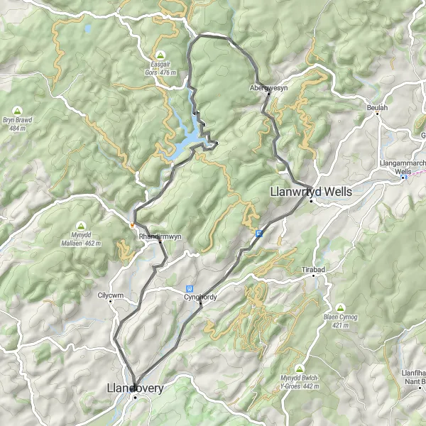 Map miniature of "Llandovery Castle Loop" cycling inspiration in West Wales and The Valleys, United Kingdom. Generated by Tarmacs.app cycling route planner