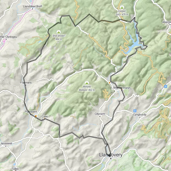 Map miniature of "Scenic Road Cycling in Llandovery" cycling inspiration in West Wales and The Valleys, United Kingdom. Generated by Tarmacs.app cycling route planner