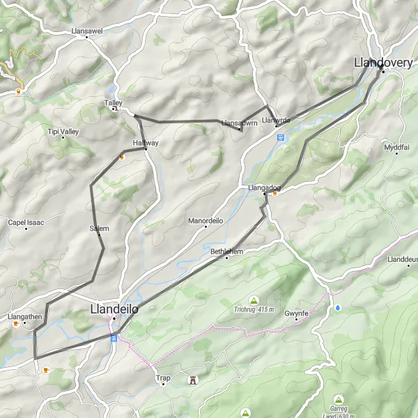 Map miniature of "Tranquil Road Cycling in Llandovery and Surroundings" cycling inspiration in West Wales and The Valleys, United Kingdom. Generated by Tarmacs.app cycling route planner