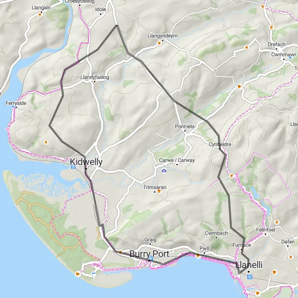 Map miniature of "Coastal Loop to Kidwelly Castle" cycling inspiration in West Wales and The Valleys, United Kingdom. Generated by Tarmacs.app cycling route planner