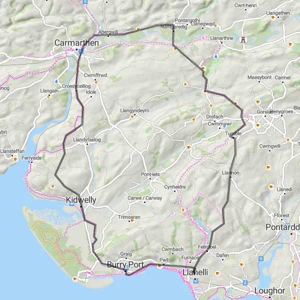 Map miniature of "Historical Highlights and Rolling Hills" cycling inspiration in West Wales and The Valleys, United Kingdom. Generated by Tarmacs.app cycling route planner