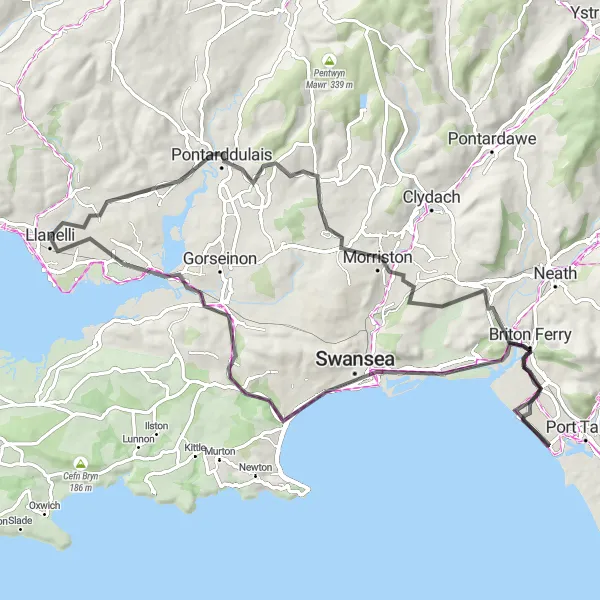 Map miniature of "Scenic Ride through Natural Landmarks" cycling inspiration in West Wales and The Valleys, United Kingdom. Generated by Tarmacs.app cycling route planner