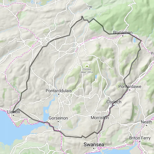 Map miniature of "Gorslas Loop" cycling inspiration in West Wales and The Valleys, United Kingdom. Generated by Tarmacs.app cycling route planner