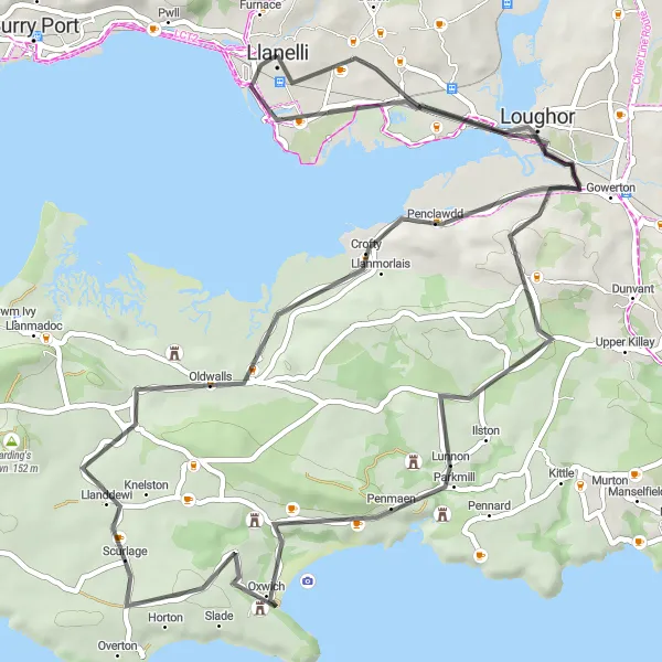 Map miniature of "Llanelli Castles and Coast" cycling inspiration in West Wales and The Valleys, United Kingdom. Generated by Tarmacs.app cycling route planner