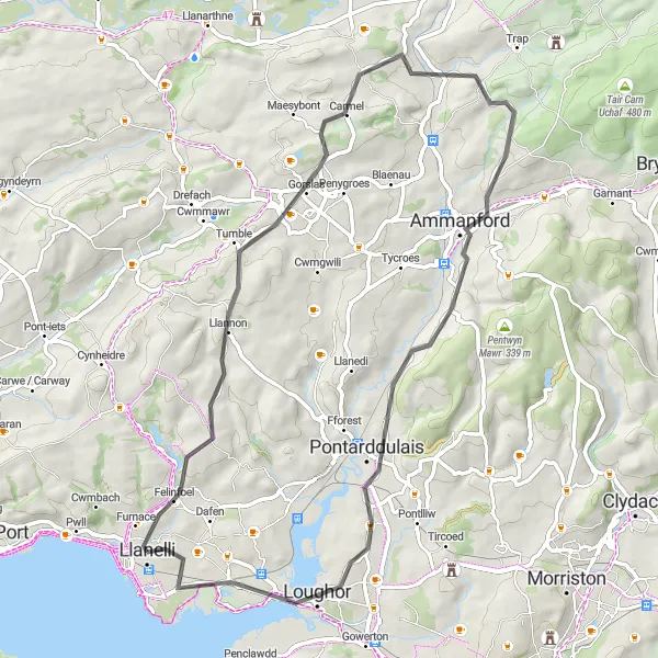 Map miniature of "Ammanford Loop" cycling inspiration in West Wales and The Valleys, United Kingdom. Generated by Tarmacs.app cycling route planner