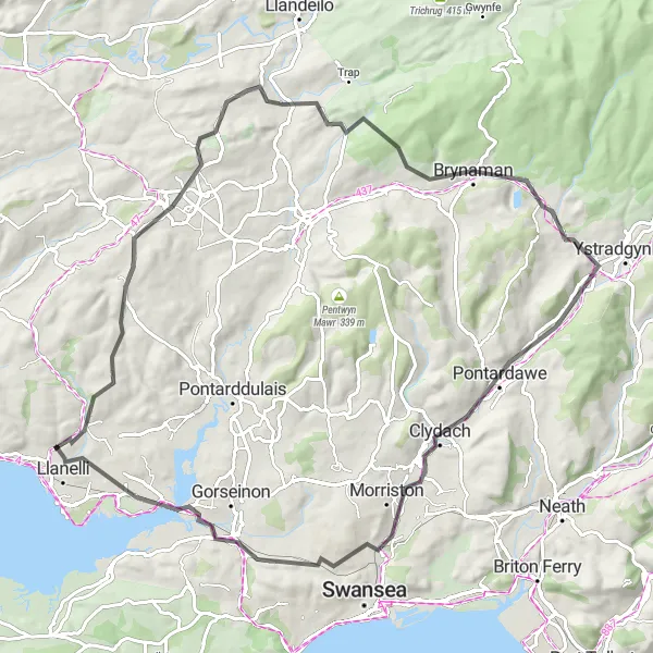 Map miniature of "The Loughor Challenge" cycling inspiration in West Wales and The Valleys, United Kingdom. Generated by Tarmacs.app cycling route planner