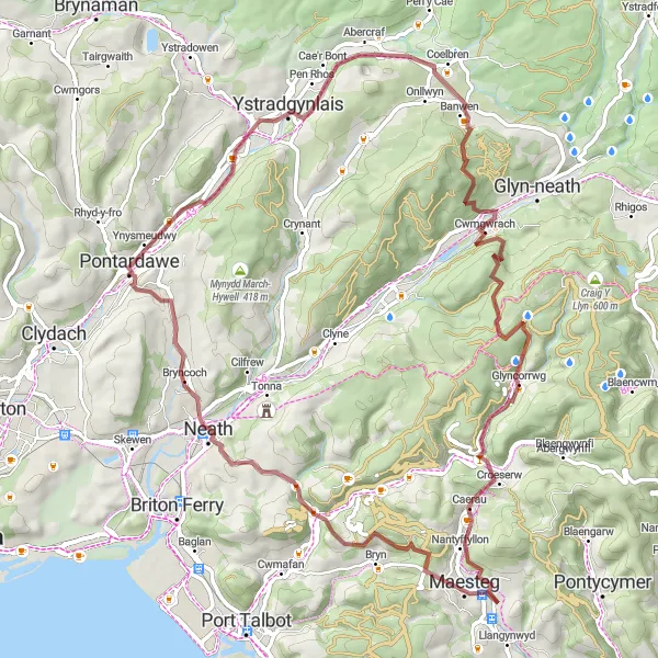 Map miniature of "Glorious Gravel Adventure" cycling inspiration in West Wales and The Valleys, United Kingdom. Generated by Tarmacs.app cycling route planner