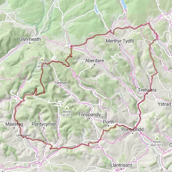 Map miniature of "The Valleys Gravel Epic" cycling inspiration in West Wales and The Valleys, United Kingdom. Generated by Tarmacs.app cycling route planner