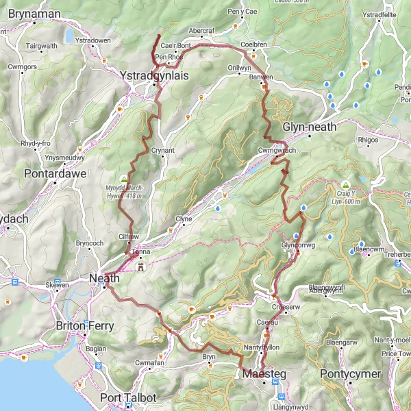 Map miniature of "Valley Views Gravel Ride" cycling inspiration in West Wales and The Valleys, United Kingdom. Generated by Tarmacs.app cycling route planner