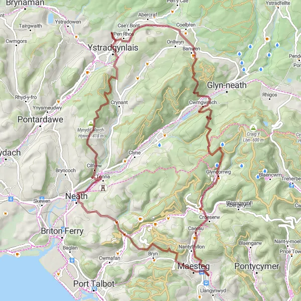 Map miniature of "The Valleys Gravel Adventure" cycling inspiration in West Wales and The Valleys, United Kingdom. Generated by Tarmacs.app cycling route planner