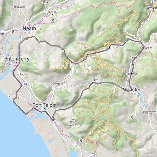 Map miniature of "Maesteg Road Loop" cycling inspiration in West Wales and The Valleys, United Kingdom. Generated by Tarmacs.app cycling route planner