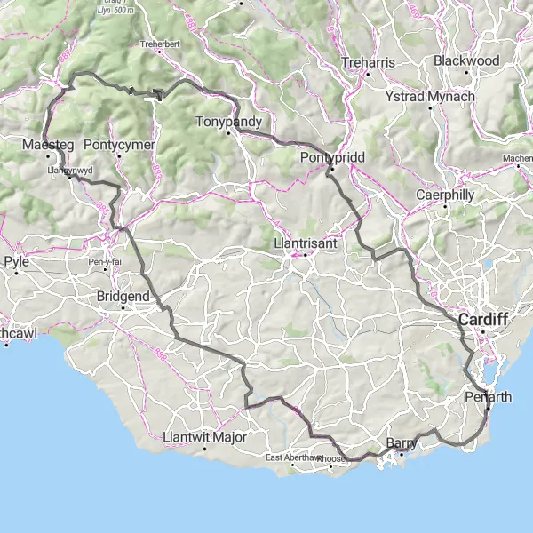 Map miniature of "Valleys Road Adventure" cycling inspiration in West Wales and The Valleys, United Kingdom. Generated by Tarmacs.app cycling route planner