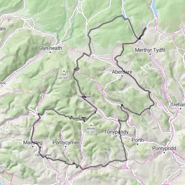 Map miniature of "Rugged Valleys Adventure" cycling inspiration in West Wales and The Valleys, United Kingdom. Generated by Tarmacs.app cycling route planner