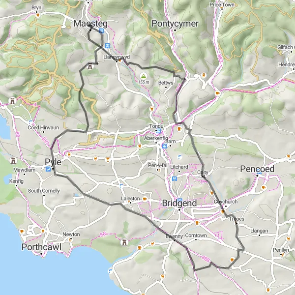 Map miniature of "Llangynwyd Adventure" cycling inspiration in West Wales and The Valleys, United Kingdom. Generated by Tarmacs.app cycling route planner