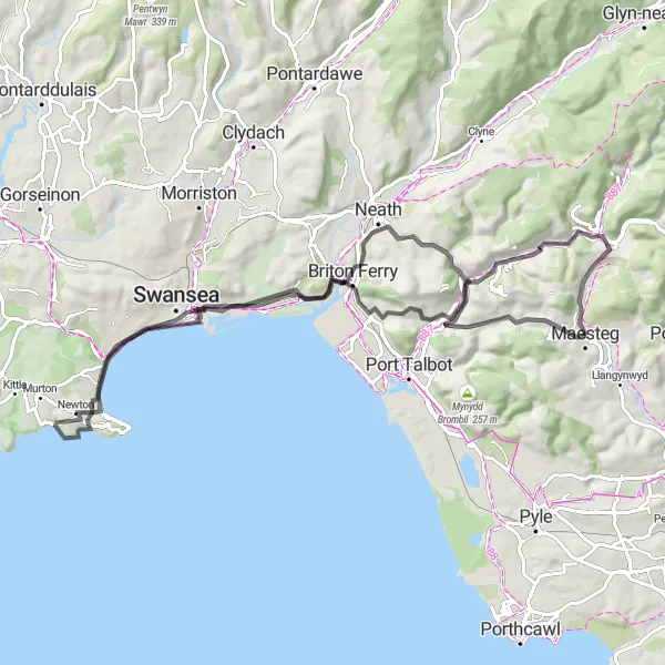 Map miniature of "Serene West Wales" cycling inspiration in West Wales and The Valleys, United Kingdom. Generated by Tarmacs.app cycling route planner