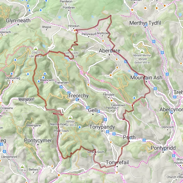 Map miniature of "The Valleys and Mountains Gravel Adventure" cycling inspiration in West Wales and The Valleys, United Kingdom. Generated by Tarmacs.app cycling route planner