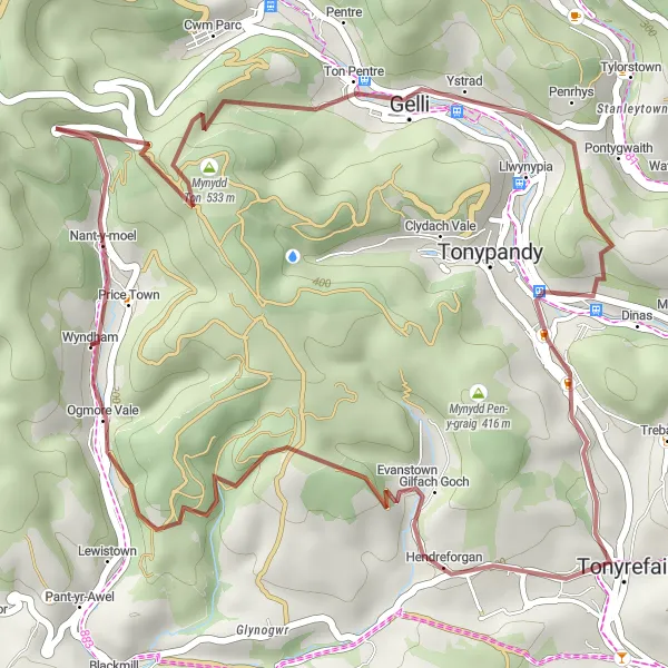 Map miniature of "Hidden Valleys Gravel Escape" cycling inspiration in West Wales and The Valleys, United Kingdom. Generated by Tarmacs.app cycling route planner