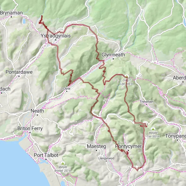 Map miniature of "Mountainous Adventure" cycling inspiration in West Wales and The Valleys, United Kingdom. Generated by Tarmacs.app cycling route planner