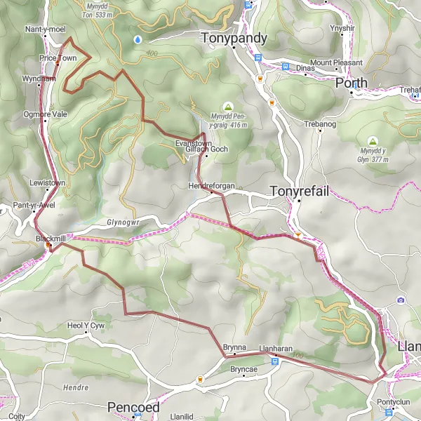 Map miniature of "Price Town Loop" cycling inspiration in West Wales and The Valleys, United Kingdom. Generated by Tarmacs.app cycling route planner