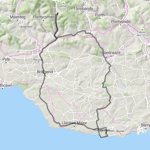 Map miniature of "Blackmill Hills Ride" cycling inspiration in West Wales and The Valleys, United Kingdom. Generated by Tarmacs.app cycling route planner