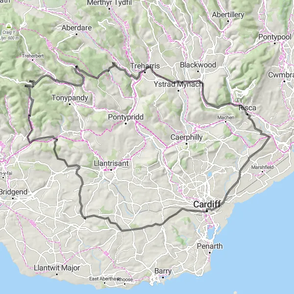 Map miniature of "Valleys and Villages Loop" cycling inspiration in West Wales and The Valleys, United Kingdom. Generated by Tarmacs.app cycling route planner