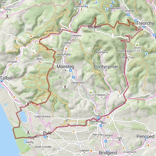 Map miniature of "Gravel Journey through West Wales" cycling inspiration in West Wales and The Valleys, United Kingdom. Generated by Tarmacs.app cycling route planner