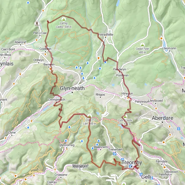 Map miniature of "Mountain Gravel Challenge" cycling inspiration in West Wales and The Valleys, United Kingdom. Generated by Tarmacs.app cycling route planner